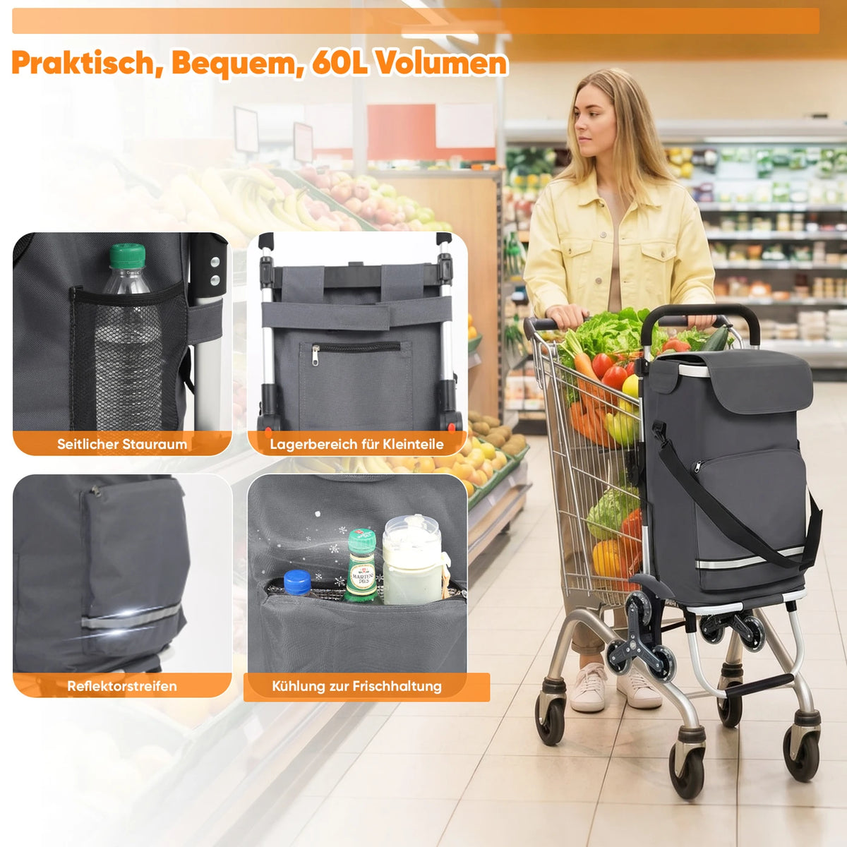 Sekey Boodschappentrolley met Traploopfunctie 60L Grijs 36 x 42 x 98 cm