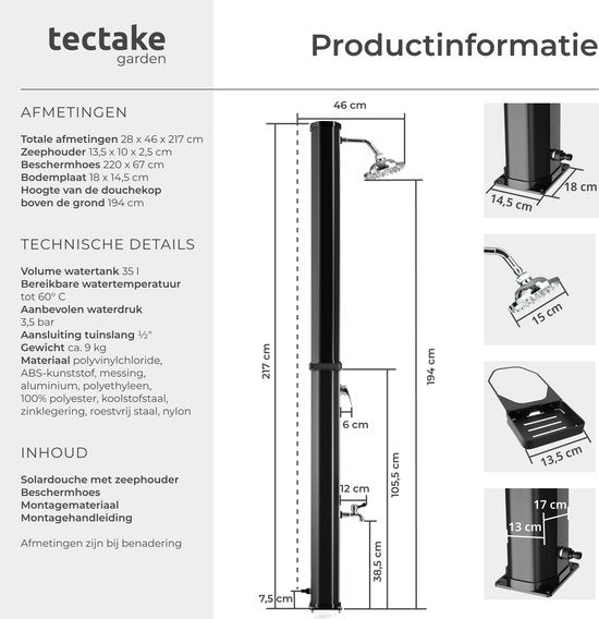 tectake® Buitendouche - Solar - 35L - Warm Water tot 60°C - Met Beschermhoes en Zeepbakje - Tuinslangaansluiting - Tuindouche met grote verstelbare douchekop en voetkraan - Zonnedouche - Campingdouche op Zonneenergie - Zwart