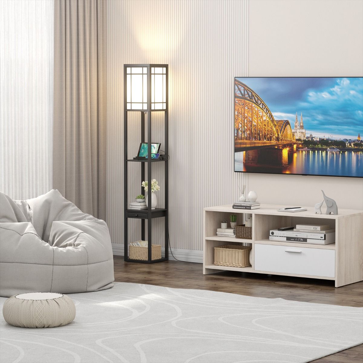 Coast Staande Vloerlamp met 3 Open Vakken - 2 USB-Poorten - 26 x 26 x 161 cm - Zwart