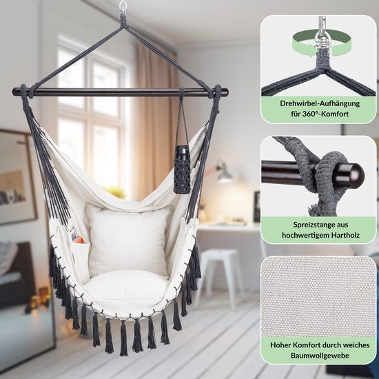Detex Hangstoel Bohemian – Incl. Fleshouder 2 Kussens XL - Crème