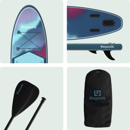 LifeGoods SUP Board Allround Compact - met Zitje - 100 KG Draagkracht - 300 x 76 cm - Opblaasbaar - Compleet SUP pakket - Blauw/Paars