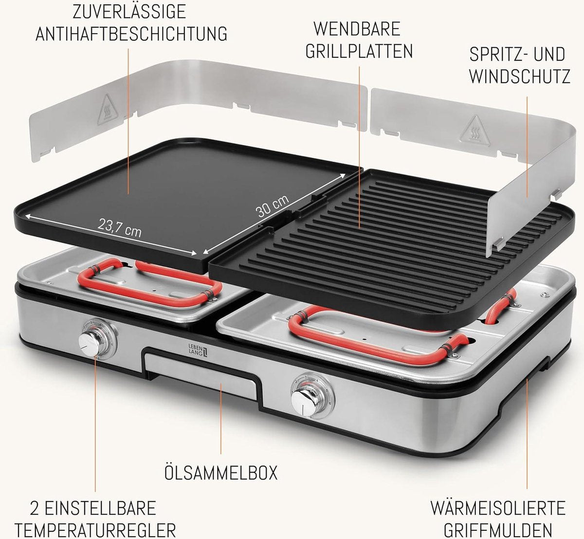 LEBENLANG Elektrische Tafelgrill 2400W – Grijs – 2x Grillplaten (Geribd & Glad) – 55 x 30 cm – Inclusief Grilltang en Spatbescherming – Voor Binnen en Buiten