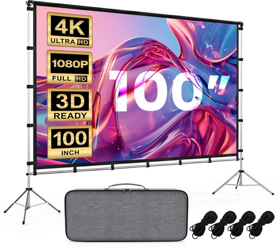 Lumina® Projectiescherm 100 inch – Beamer Scherm met Statief – Kreukvrij – Opvouwbaar – Met Draagtas – Voor Binnen & Buiten