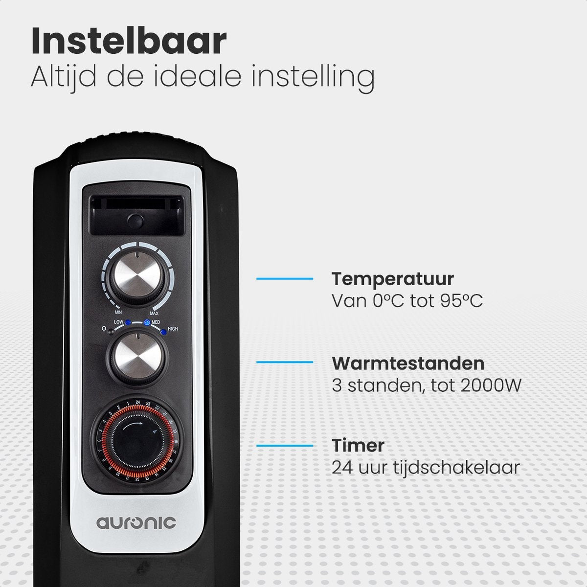 Auronic Elektrische Kachel – Olieradiator Met Thermostaat En Timer – 2000W – Compact En Mobiel – 47,5 x 26 x 67 cm – Zwart