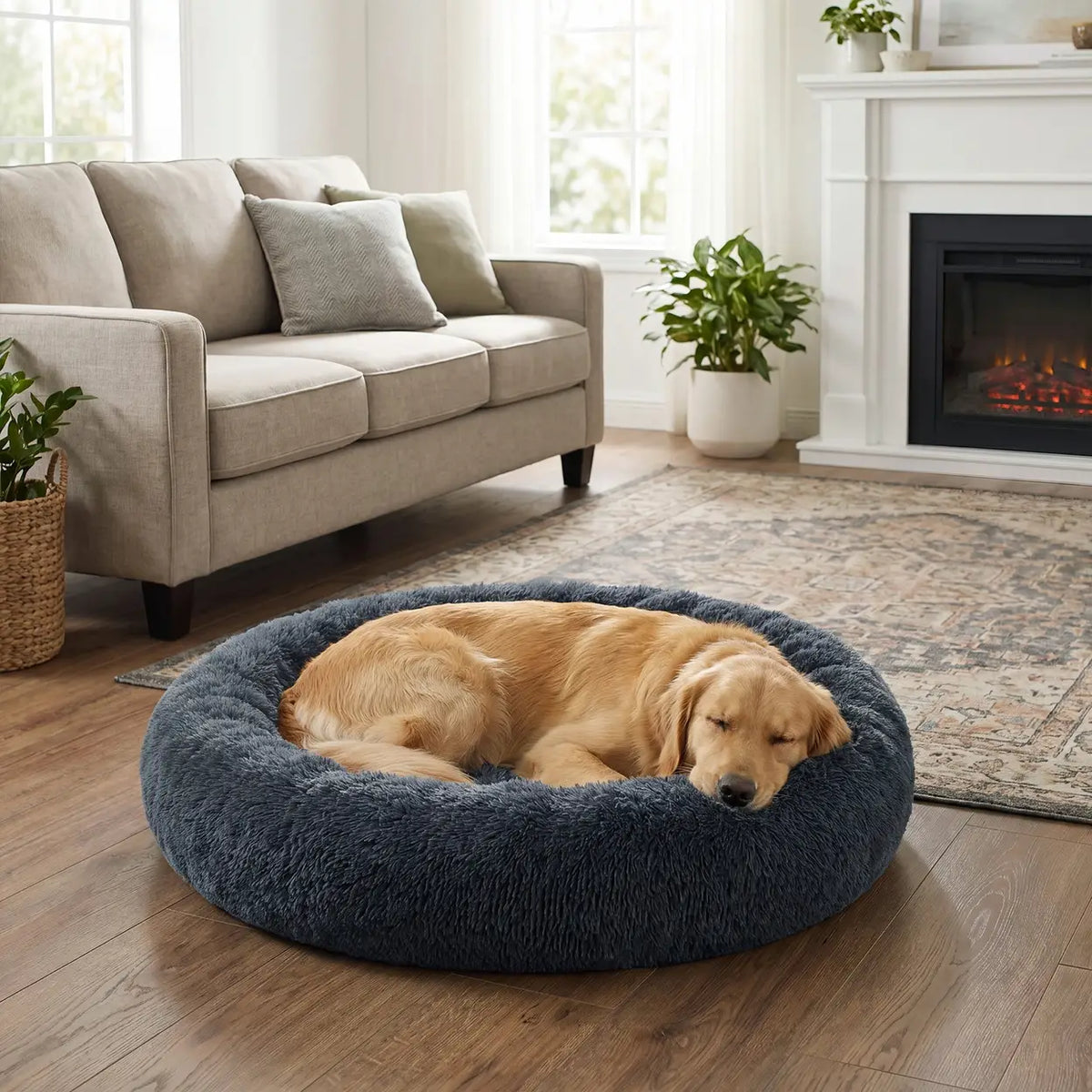 Joyfurnos Donut Hondenmand Fluffy Kalmerend - Afneembare Wasbare Hoes - 100 cm - Donkergrijs