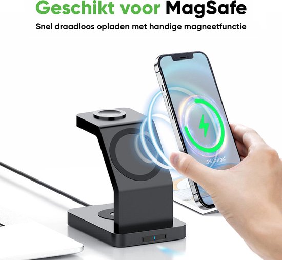 iSETCHI – Draadloze Qi & Magsafe Oplader 3-in-1 – 15 Watt – Zwart Kunststof – Inclusief QC 3.0 Adapter – Voor iPhone, Apple Watch & Airpods – Georganiseerde Werkplek