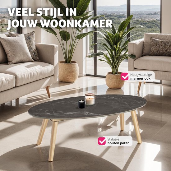 tectake® Salontafel | Woonkamertafel, Ovale Salontafel met Houten Poten | Marmerlook | Weerbestendige Bijzettafel voor Woonkamer, Terras, Tuin of Balkon - naturel