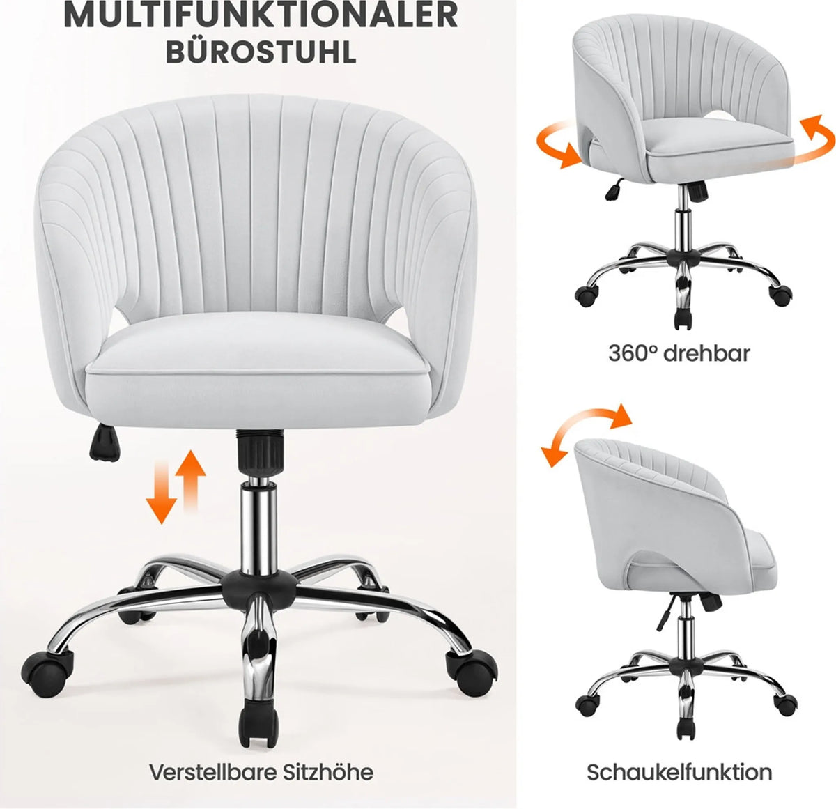 Yaheetech Bureaustoel Fauteuil – 60 x 56,5 x 73-83 cm – Voorzien Van Fluweelzachte Bekleding En Verstelbare Zithoogte En Ontspannende Schommelfunctie – Voor Kantoor En Ontvangsthal – Lichtgrijs Polyester En Metaal