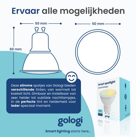 Gologi Slimme Spot - Smart Lamp - LED - Ledlamp - Warm Wit Licht - Smart GU10 - CCT - 700 Lumen - 5 kWh