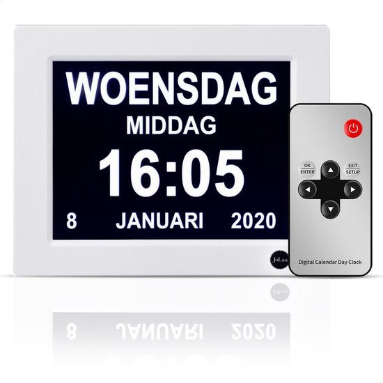 SafeLife Dementieklok XL - Digitale kalenderklok met datum en dag - Medicijnwekker, Alarmfunctie & Fotolijstfunctie - Alzheimerklok / Seniorenklok