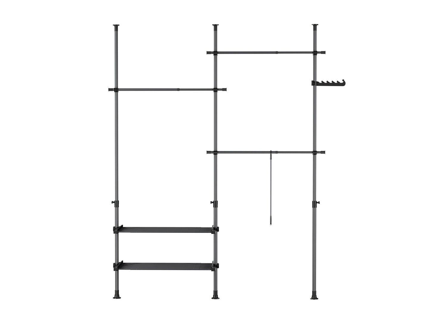 SoBuy Telescopische Vloerhanger – Verstelbare Open Garderobe – Inclusief Stangen en Planken – Zwart
