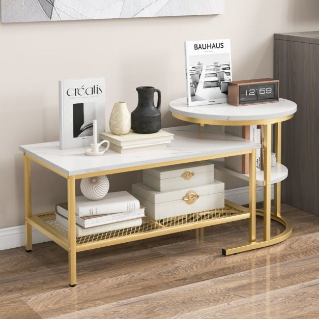 Coast Set van 2 bijzettafels - Salontafels met gouden metalen frame - Max. 50KG - Goud/Wit
