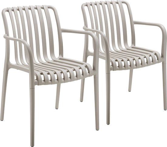 tectake® Set van 2 Tuinstoelen Alcudia - Taupe - Kunststof Stoelen met Armleuning - Tuinset voor om de Tuintafel of op de Camping Stapelbaar - Stoelen voor Tuin, Terras of Balkon - Weerbestendig en UV-bestendig - Draagkracht 120kg per Tuinstoel