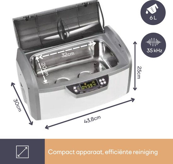Perel Ultrasone Reiniger 6 L - Ontgasfunctie - Afvoerventiel - Instelbare timer en temperatuur - Uitneembare mand en horlogehouder - Professioneel gebruik - 310 W, 35 kHz - Wit