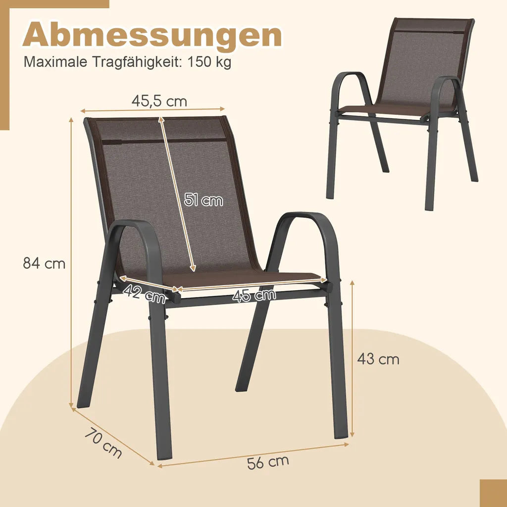 COAST Set van 4 stapelbare tuinstoelen, balkonstoelen, terrasstoelen, stapelbare stoelen met armleuningen tot 150 kg, 56 x 70 x 84 cm, bruin