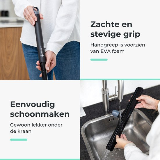 CLEANLY Vloertrekker met Steel Telescopisch 114-142 cm - Vloerwisser Badkamer - Watertrekker - Douchewisser - Dubbel EVA Foam - Breedte 43,5 cm - Zwart, Grijs