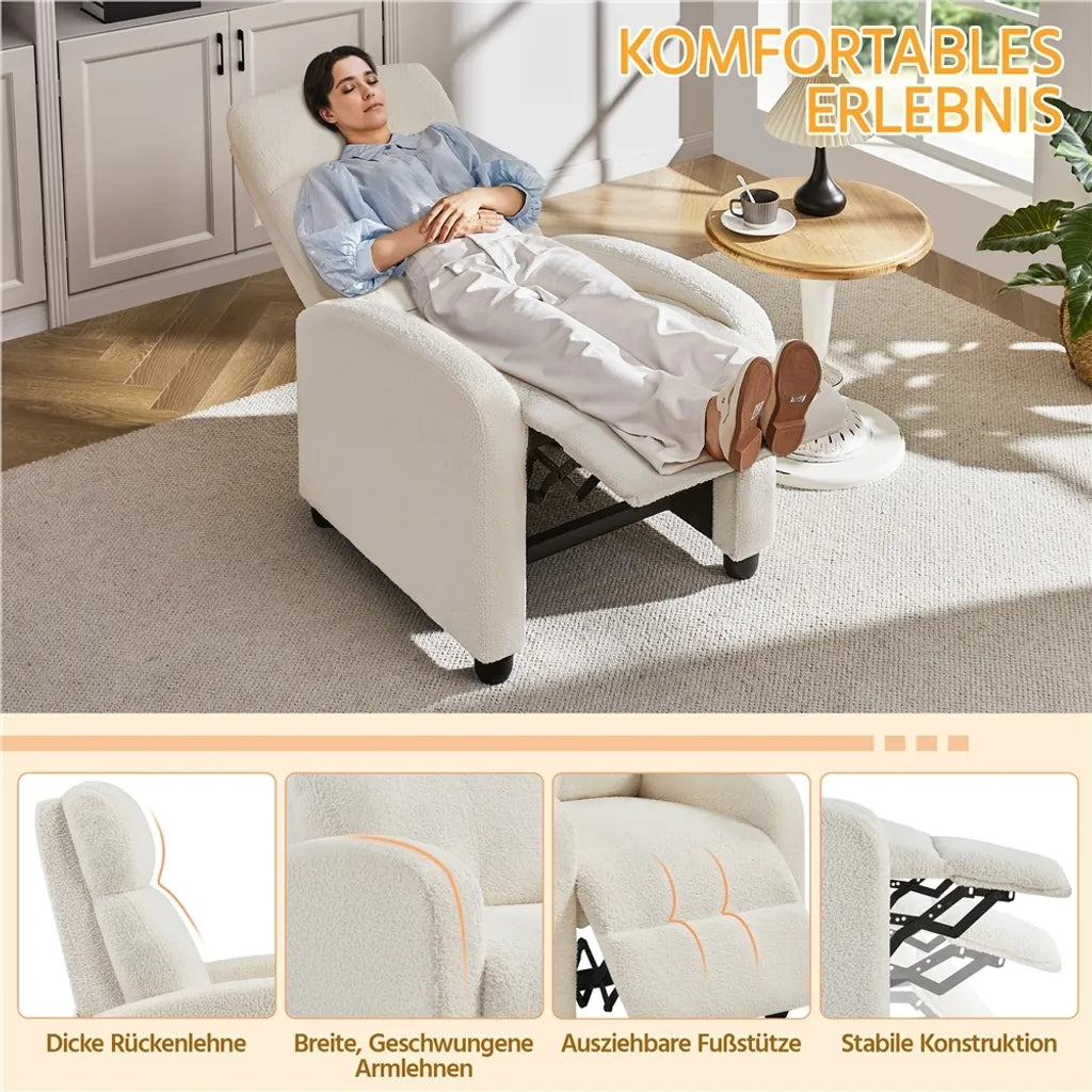 Yaheetech Relaxfauteuil - Verstelbare Rugleuning - Voetsteun - Bouclé - Crème