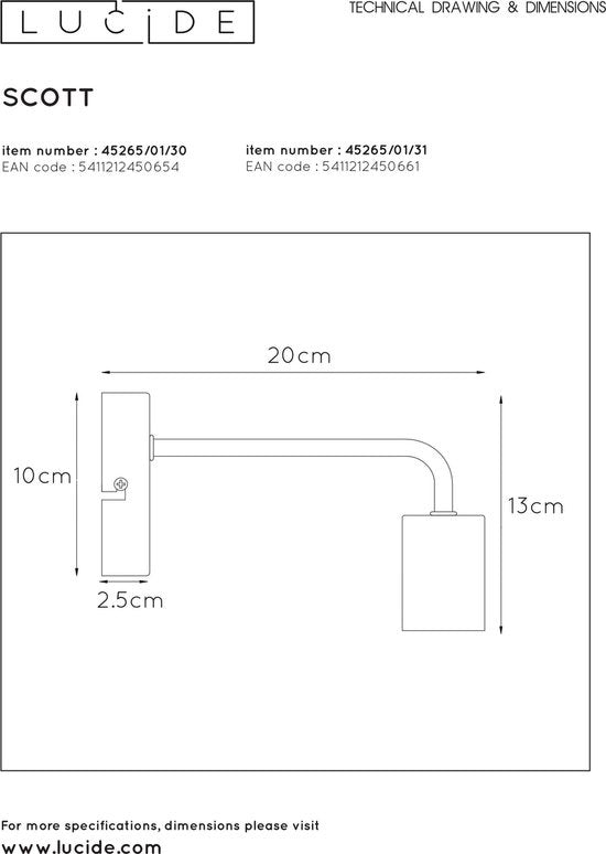 Lucide SCOTT Wandlamp - 1xE27 - Zwart