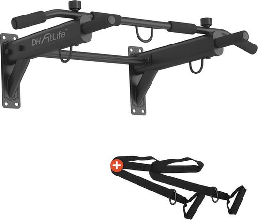 DH FitLife 4-in-1 optrekstang voor wandmontage met spreidplug, multifunctionele pull-up bar voor thuis tot 200 kg | 6 antislip handgrepen | 3 ogen voor bokszak & slingtrainer | veilig en stabiel