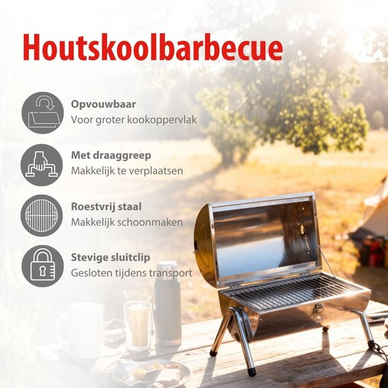 alpina Houtskool BBQ - Draagbare BBQ met Handgreep - Barbecue Camping met Ventilatie En Sluitclip - Houtskoolbarbecue Compact 38 x 30 x 19 cm - RVS
