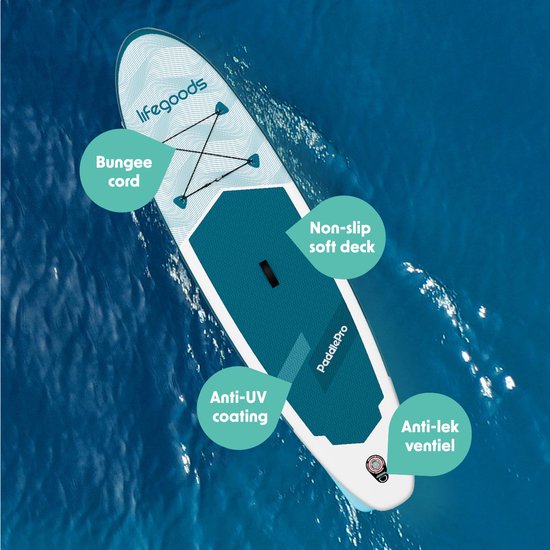 LifeGoods SUP Board Allround Compact - 100 KG Draagkracht - 300 x 76 cm - Opblaasbaar - Compleet SUP pakket - Wit/Deep Aqua