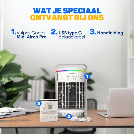 Vulpes Goods® Tech - Mini Airco PRO - Mobiele Airco - Luchtkoeler 4in1 - Aircooler - Tafelventilator - 4 windsnelheden, 2 luchtbevochtingsstanden & timer - Lekvrij - Wit