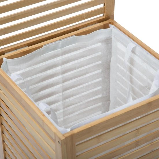 5Five Wasmand Bamboe hout - Met waszak - 65 liter - 40 x 38 x 58 cm - lichtbruin - met deksel