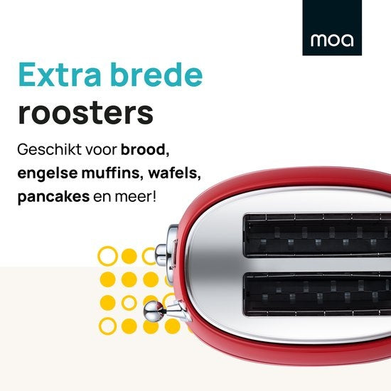 MOA Retro Broodrooster - 6 Warmteniveaus - 2 Extra Brede Sleuven - 850W - Reheat en Ontdooi-functie - Rood - T3R