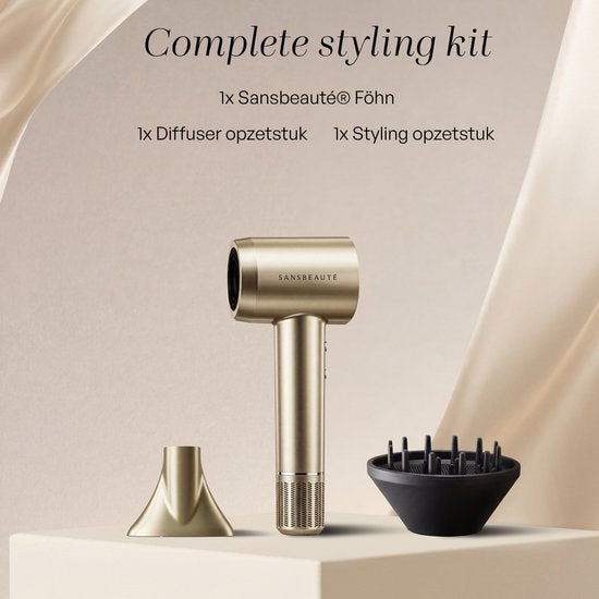 Sansbeauté® Föhn met Diffuser - Krullen - 110.000RPM - Ionische Haardroger met Borstel - 3 Standen - 3 Opzetstukken - Reisföhn - Sèche Cheveux - Krul Feun Set - Haarföhn met Defuser - Hair Blow Dryer - Kappersfohn - 2000W