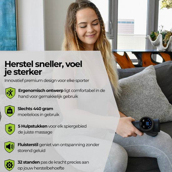 Massatico Massage Gun Compact - Professioneel en Krachtig Massage Apparaat - Massageapparaat Massagegun - Massage Pistool - Zwart - 5 Opzetstukken - 32 Standen - Met Koffer