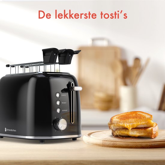 KitchenBrothers Broodrooster met Tostiklemmen - Toaster - 6 Warmteniveaus - Brede Sleuven - Broodrooster - 870W - Zwart