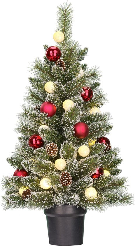 Black Box Trees Kaprun Kunstkerstboom in Pot met LED Verlichting - H90 x Ø51 cm - Groen Frosted, Rood