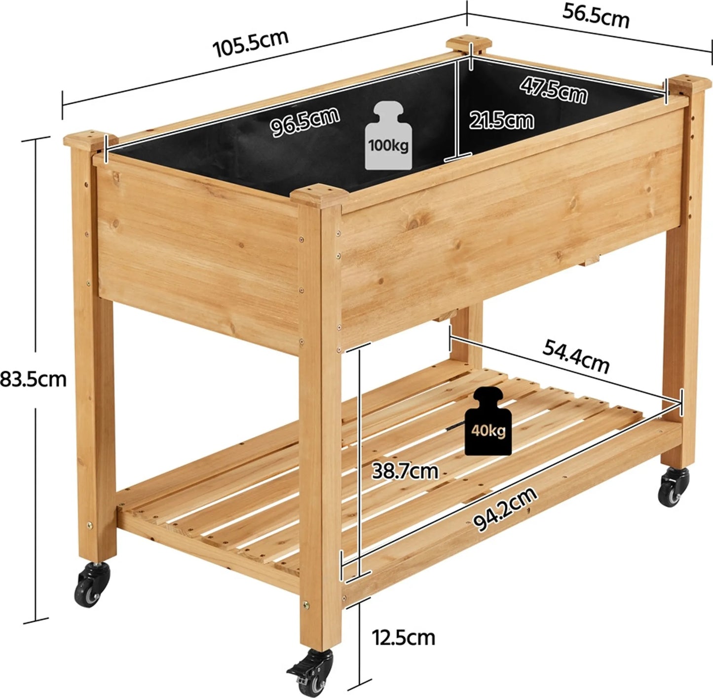 Yaheetech Verhoogde Plantenbak Op Wielen – Voorzien Van 4 Afvoergaten En Opbergvak En 360° Zwenkwielen – Voor Tuin Balkon En Terras – Lichtbruin Sparrenhout – 105,5 x 56,5 x 83,5 cm