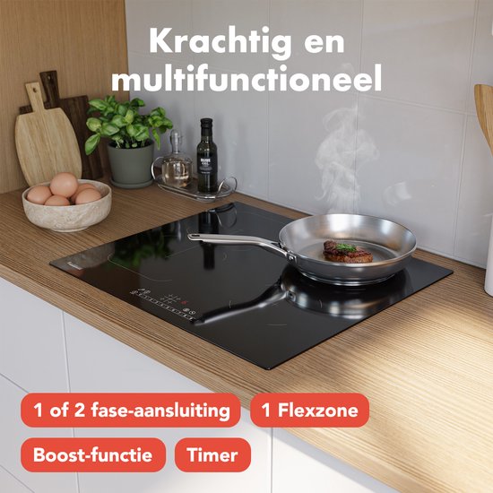 KitchenBrothers Inductie Kookplaat - Inbouw Inductieplaat - 60 cm - 4 Zones - 1x Flexzone - 1 en 2 Fase - Tot 2400W - Zwart