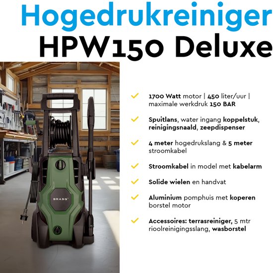 BRASQ Hogedrukreiniger Deluxe - Terrasreiniger - Hogedrukspuit – 1700W - 150 bar - 450 L/H - Complete set