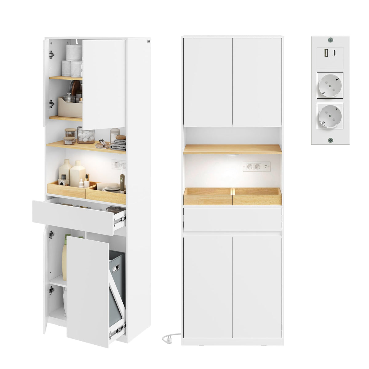 SoBuy Badkamerkast met LED, Stopcontact & Wasmand – 60 x 30 x 180 cm – 85 kg Draagkracht