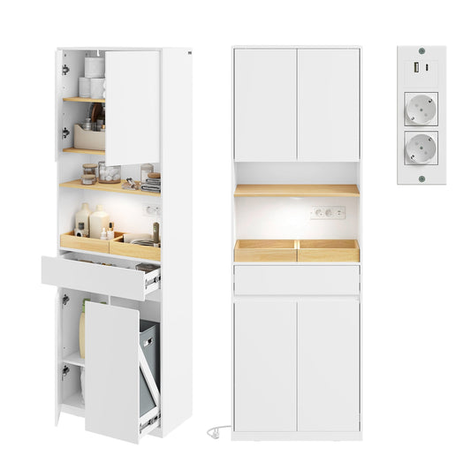 SoBuy Badkamerkast met LED, Stopcontact & Wasmand – 60 x 30 x 180 cm – 85 kg Draagkracht