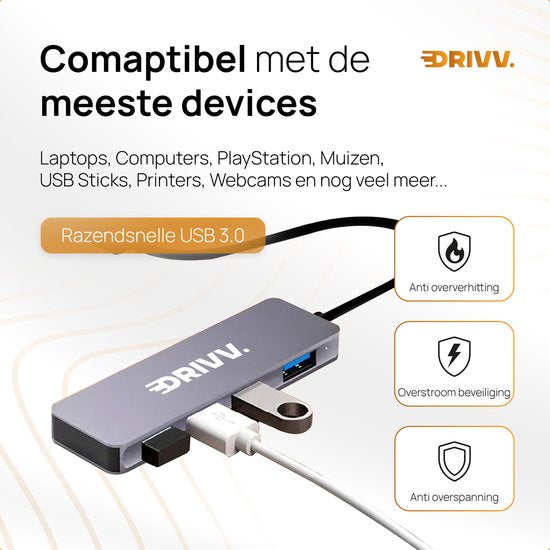 Drivv. USB Splitter 4 poorten - USB 3.0A - USB Hub 3.0 - Aluminium Behuizing - Grijs