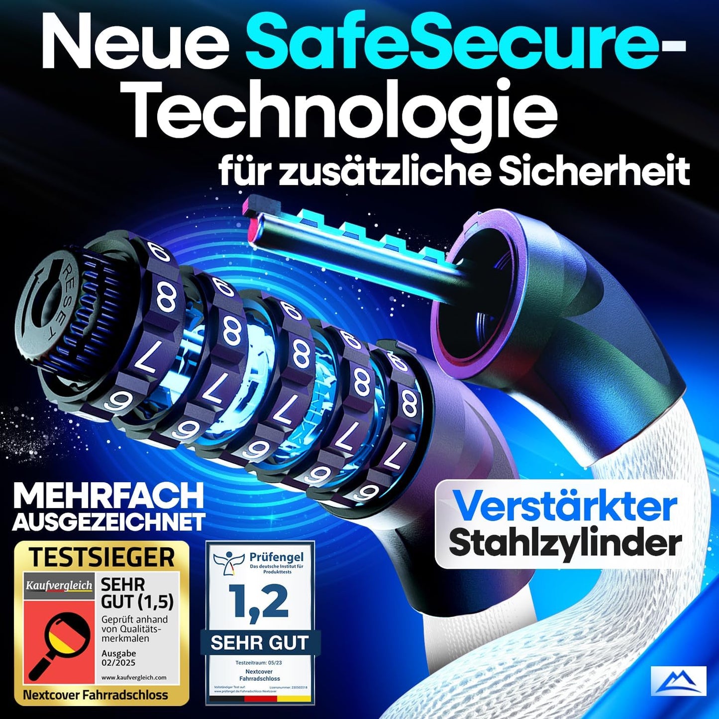 NEXTCOVER® Fietsslot LockOne met combinatiecode I - [SAFESECURE] cijferslot - Zeer Robuust - 90 cm Lang - Reflecterend