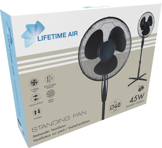 Lifetime Air Statiefventilator 45W - Ventilator in Hoogte Verstelbaar 102,5 tot 125 cm - Staande Ventilator met 3 Snelheden - Kantelbaar en Oscillerend - Zwart