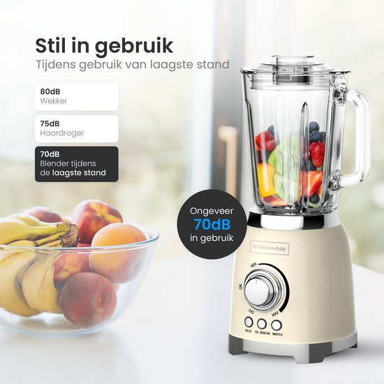 KitchenApp Retro Blender 1,5L – Glazen kan – 800W – Crushed Ice, Smoothie & Pulse – Beige