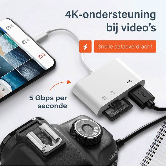 Skoov SD Kaart Lezer - Card Reader voor iPhone en USB-C - Micro SD en SD Kaartlezer - Lightning Adapter - Geheugenkaartlezer - SD en Micro SD Reader - USB naar USB C