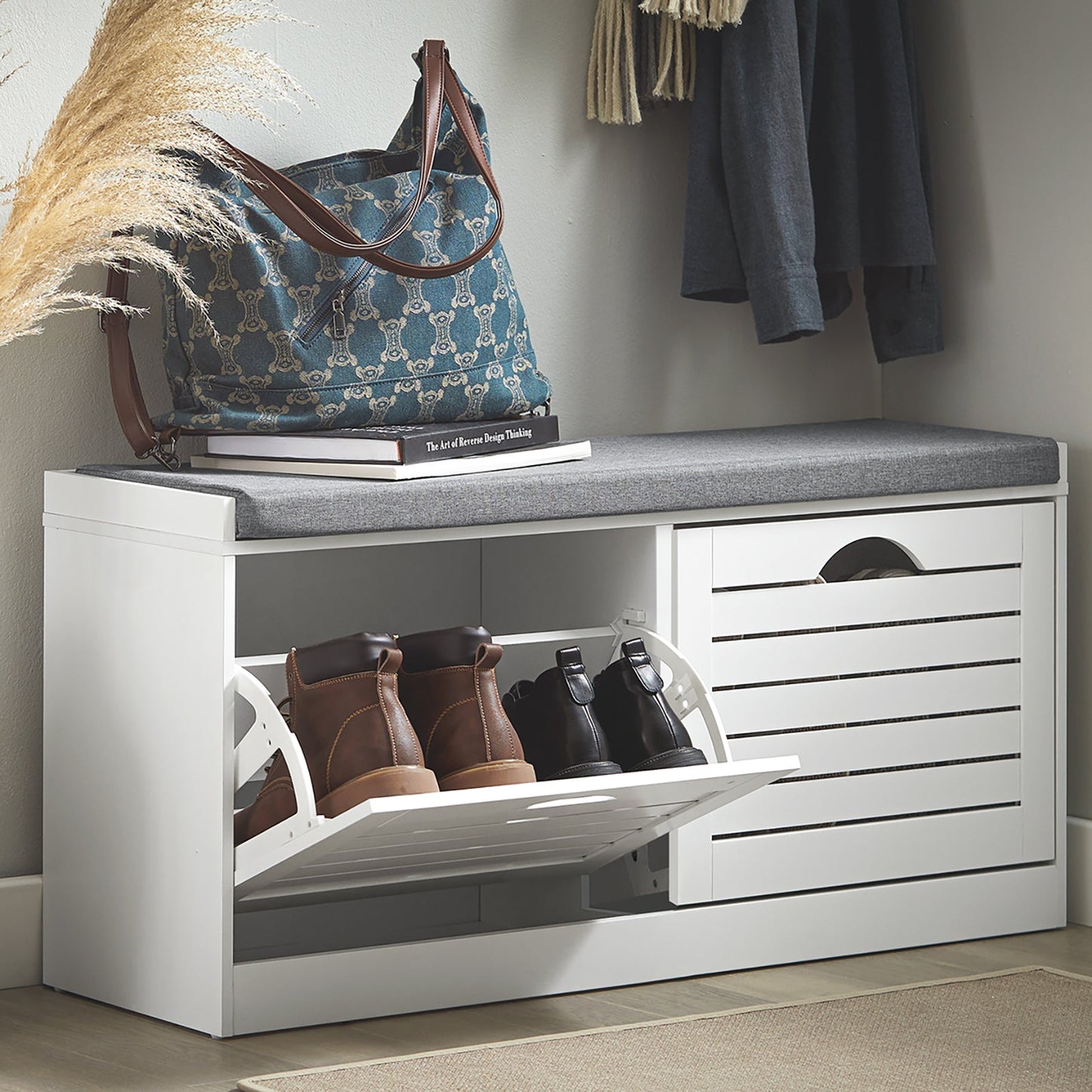 SoBuy Schoenenkast met Zitkussen - 2 Kleppen - 94 x 30 x 47 cm - Wit