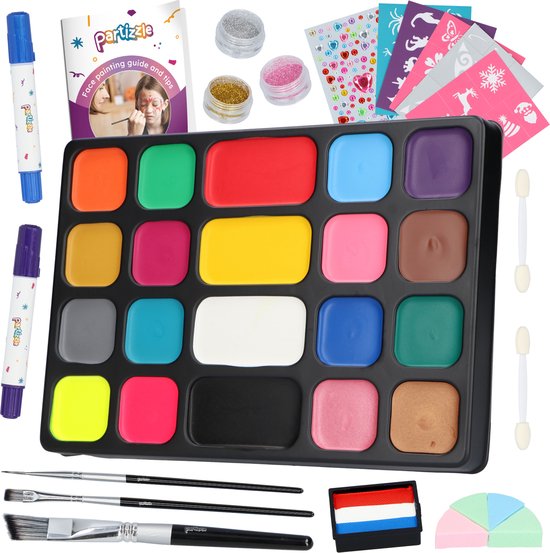 Partizzle Schminkset op Waterbasis - Schmink Boek en Sjabloon Set - Penselen, Sponsjes, Haarkrijt, Bio Glitters - Kerst Kinderen - 20 Kleuren