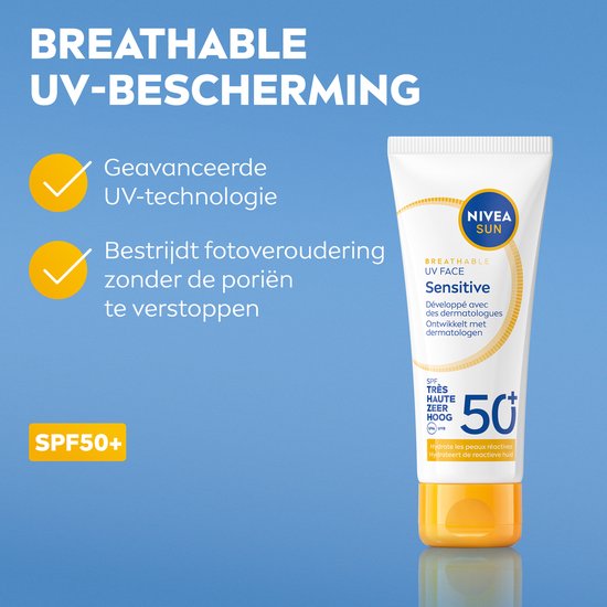 NIVEA SUN UV Face Senstive SPF50+ Zonnebrand Gezicht - Voor de Gevoelige Huid - Ademende, Niet Vette Formule - Parfumvrij - 40ml