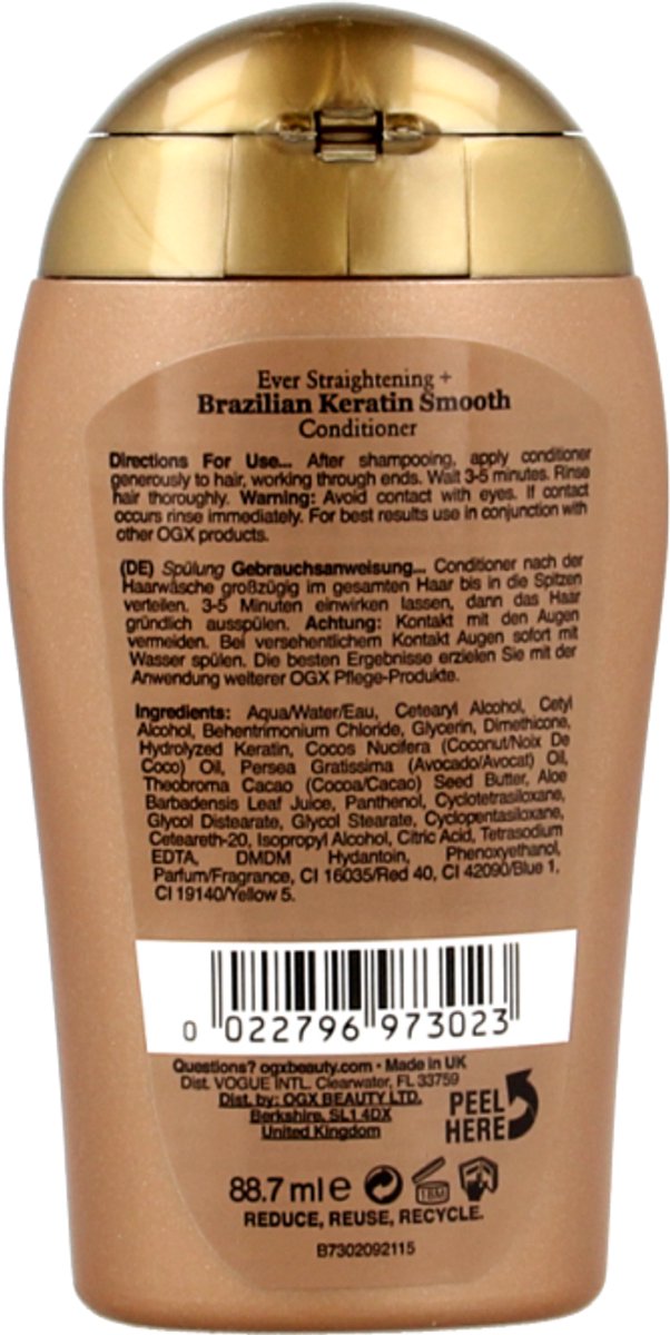 OGX Ever Straight Brazilian Keratin Therapy Conditioner - 88,7 ml - Reisformaat - Met Keratine, Kokos- & Avocado-olie