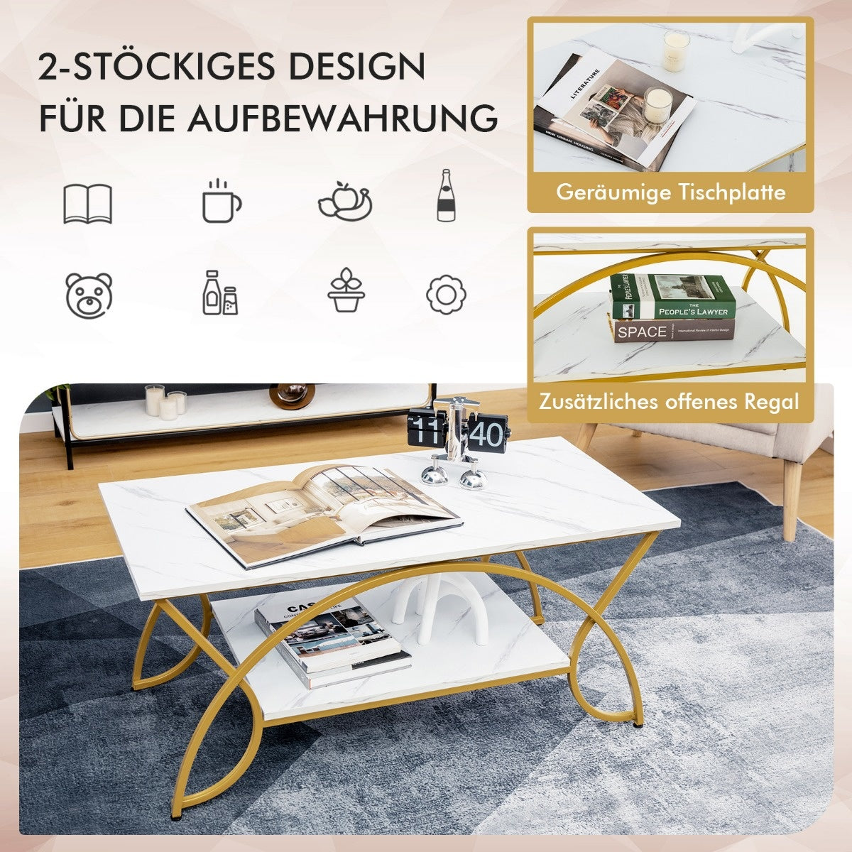 Coast Salontafe; Marmeren Look Modern - 100 x 50 x 45 cm - Wit En Goud