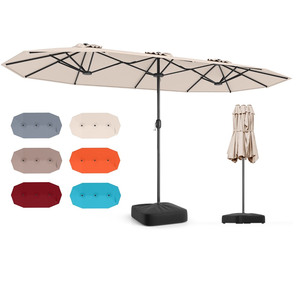 Coast dubbele terrasparasol - extra groot - met zwengel en verzwaarde voet - beige 400 x 212 cm
