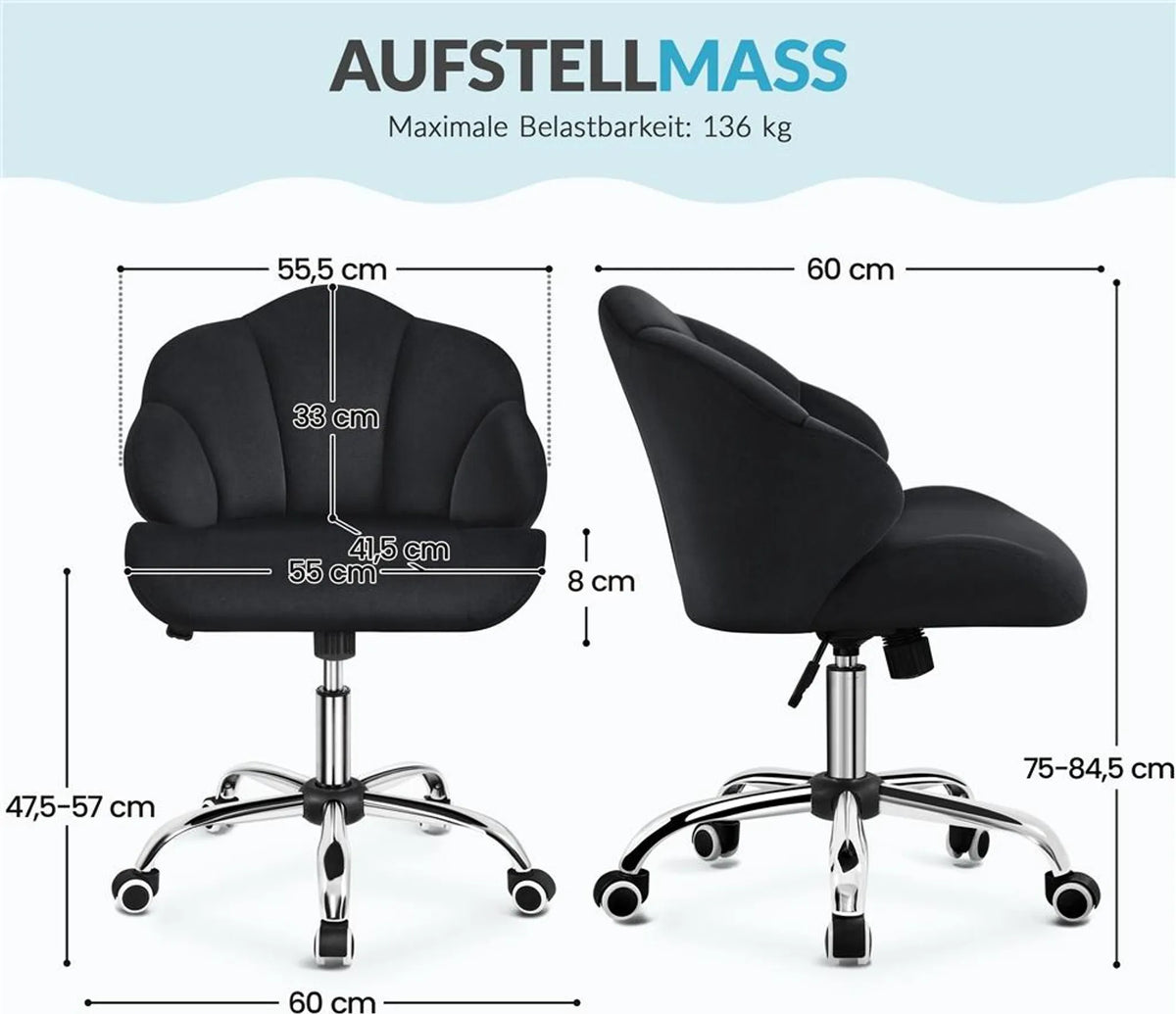 Yaheetech Elegante Draaistoel met Schelpdesign 76,5-86 cm – Strak Zwart – Polyester en Metaal