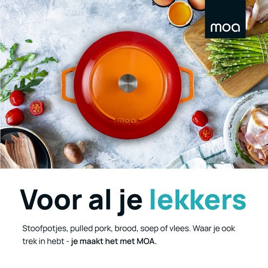 MOA Gietijzeren Braadpan - Inhoud 7,2 liter - 30CM - Rond - Alle warmtebronnen - Ook voor inductie - Gewicht 7,3 kg - Oranje Rood - C30OR